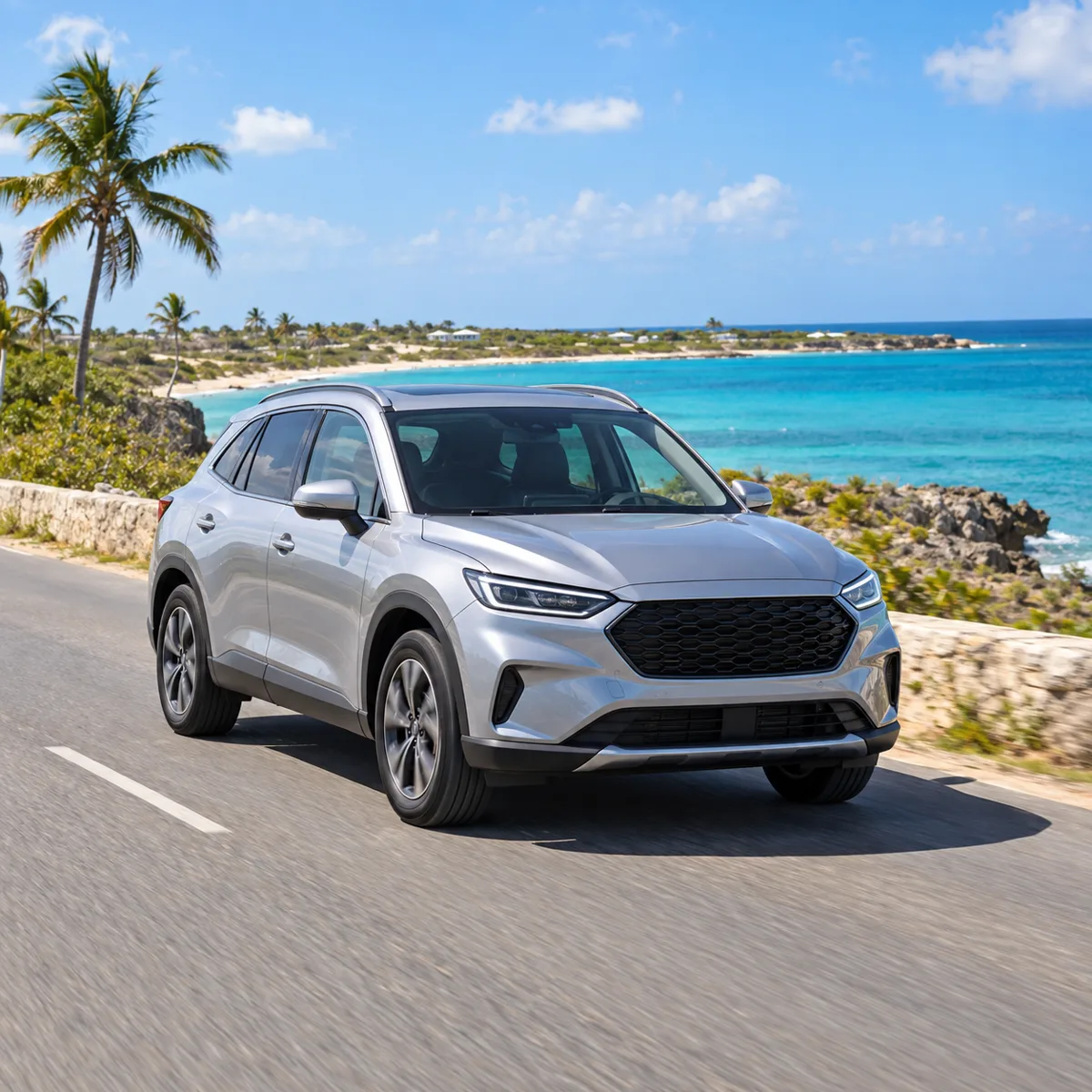 Illustration of a crossover SUV driving along an Anguilla coastal road